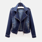 Black vintage moto cut denim jacket with zip pockets by Lumina Wear, featuring a stylish and fitted design.