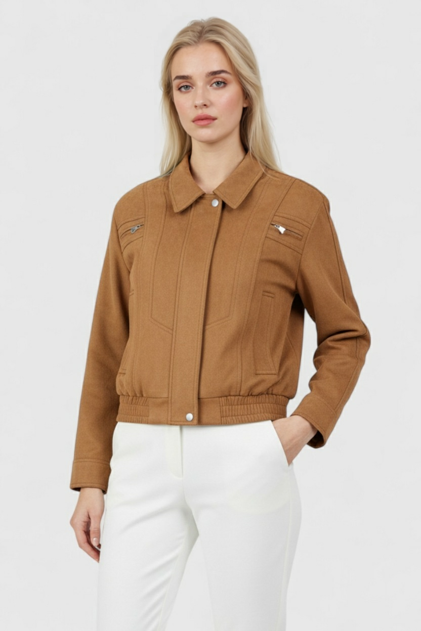 Elegant brown bomber jacket from Lumina Wear featuring versatile design and stylish details, perfect for casual or semi-formal wear.