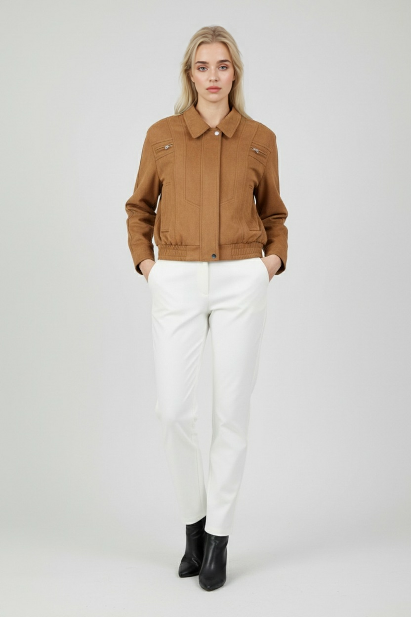 Elegant brown bomber jacket by Lumina Wear, featuring versatile design and stylish details for a fashionable look.