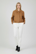Elegant brown bomber jacket by Lumina Wear, featuring versatile design and stylish details for a fashionable look.
