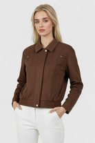 Dark brown Victoria bomber jacket by Lumina Wear, stylish and versatile with a sleek, fitted design for casual or semi-formal wear.