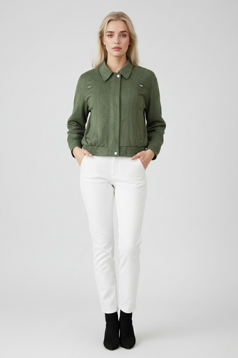 Elegant green Lumina Wear Victoria bomber jacket with stylish design and timeless appeal, shown on a model.