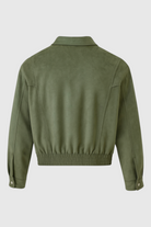 Green Lumina Wear Victoria bomber jacket with elegant design, showcasing a stylish, timeless look in a close-up image.