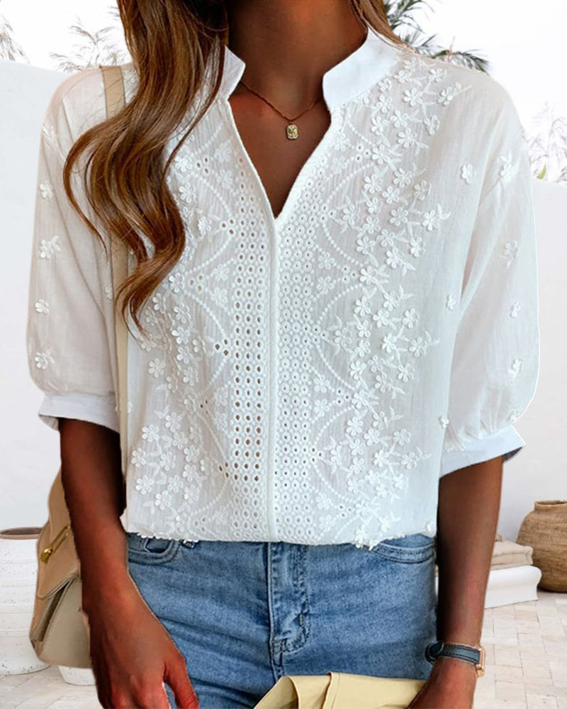 Victoria Lumina Wear elegant puff sleeve blouse with V neck design, shown in soft fabric and stylish fit.