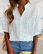 Victoria Lumina Wear elegant puff sleeve blouse with V neck design, shown in a stylish, lightweight fabric.