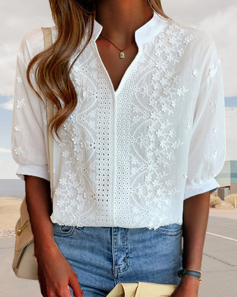 Victoria Lumina Wear elegant puff sleeve blouse with V neck design, shown in a stylish, lightweight fabric.