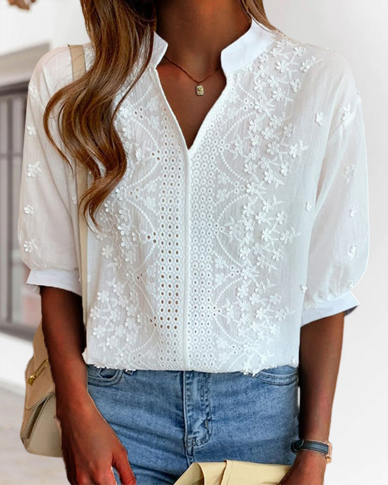Victoria Lumina Wear elegant puff sleeve blouse with V neck, featuring soft fabric and stylish design, perfect for casual or dressy occasions.