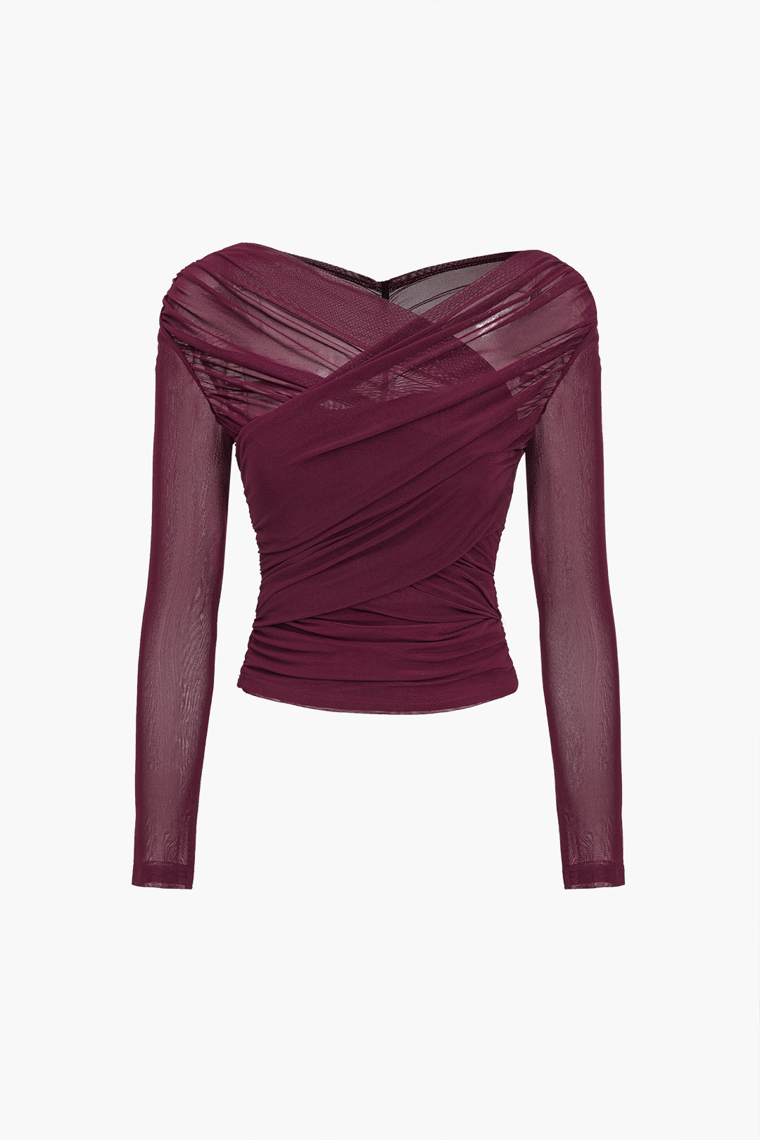Victoria Lumina Wear elegant ruched mesh blouse with long sleeves, stylish and lightweight for a chic, modern look.