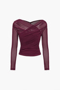 Victoria Lumina Wear elegant ruched mesh blouse with long sleeves, showcasing a stylish and sophisticated design.