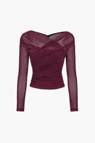 Victoria Lumina Wear elegant ruched mesh blouse with long sleeves, stylish and lightweight for a chic, modern look.