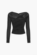 Victoria Lumina Wear elegant ruched mesh blouse with long sleeves, showcasing a stylish and textured design.