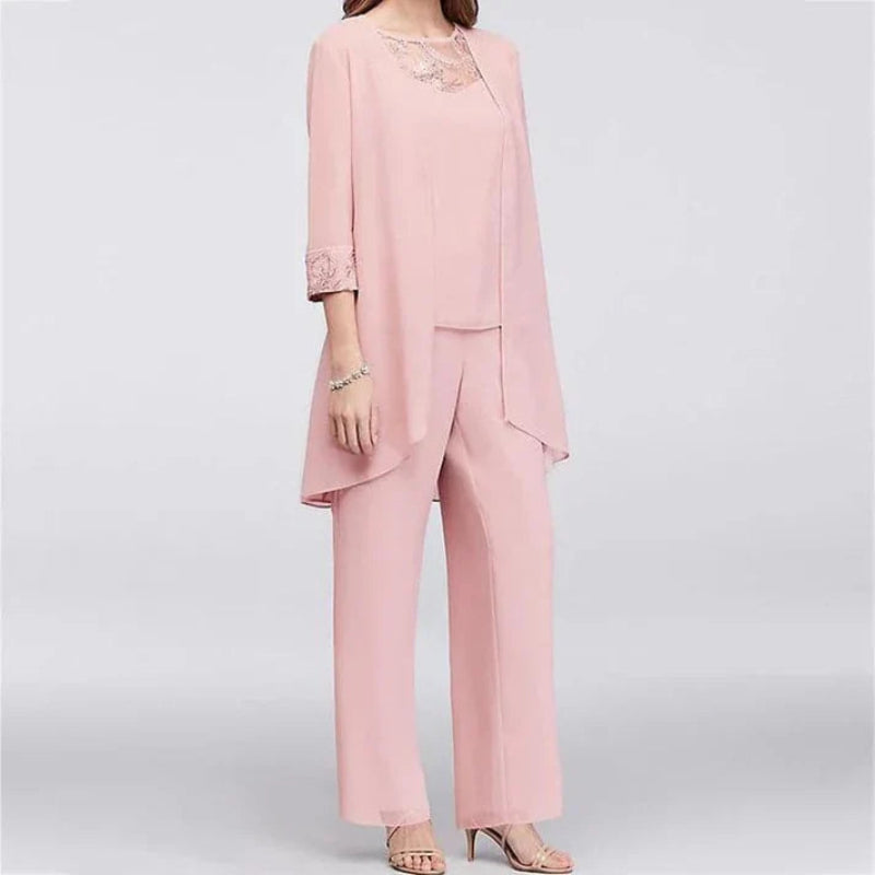 Elegant spring three-piece pant set by Lumina Wear featuring stylish tops and pants in a versatile, sophisticated design.
