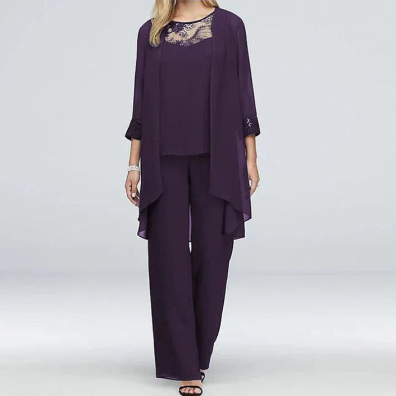 Elegant spring three-piece pant set from Lumina Wear, featuring stylish coordinated top, pants, and jacket for versatile fashion.