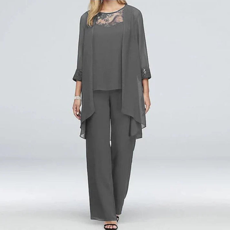 Victoria Lumina Wear elegant spring three-piece pant set featuring versatile style and lightweight fabric, perfect for casual or dressy occasions.