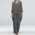 Victoria Lumina Wear elegant spring three-piece pant set featuring versatile style, including a top, pants, and a matching jacket.