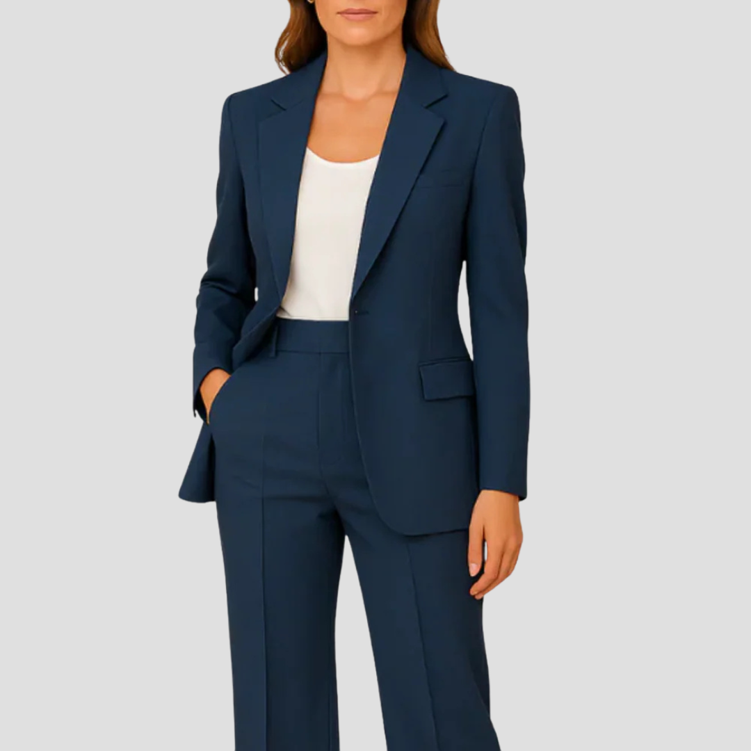 Victoria Lumina Wear tailored suit set featuring a sleek blazer and matching trousers, perfect for professional or formal wear.