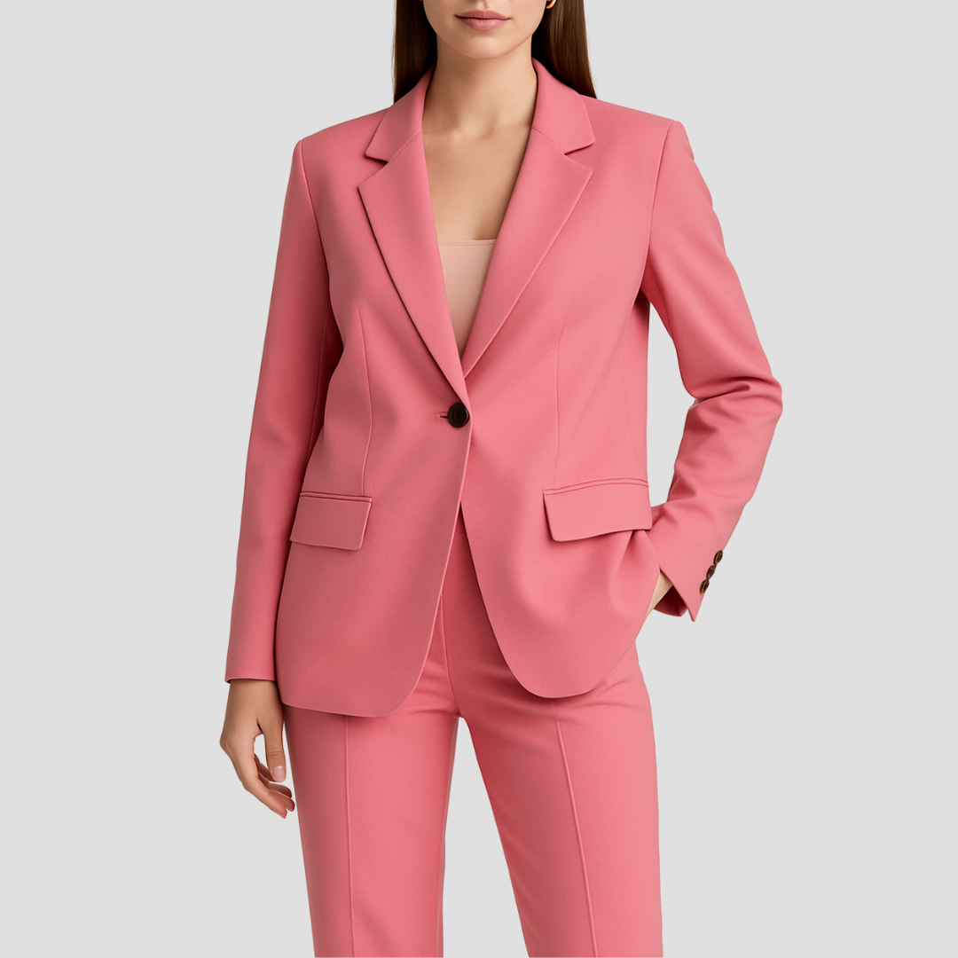 Elegant Victoria tailored suit set by Lumina Wear featuring a streamlined blazer and matching trousers on a model.