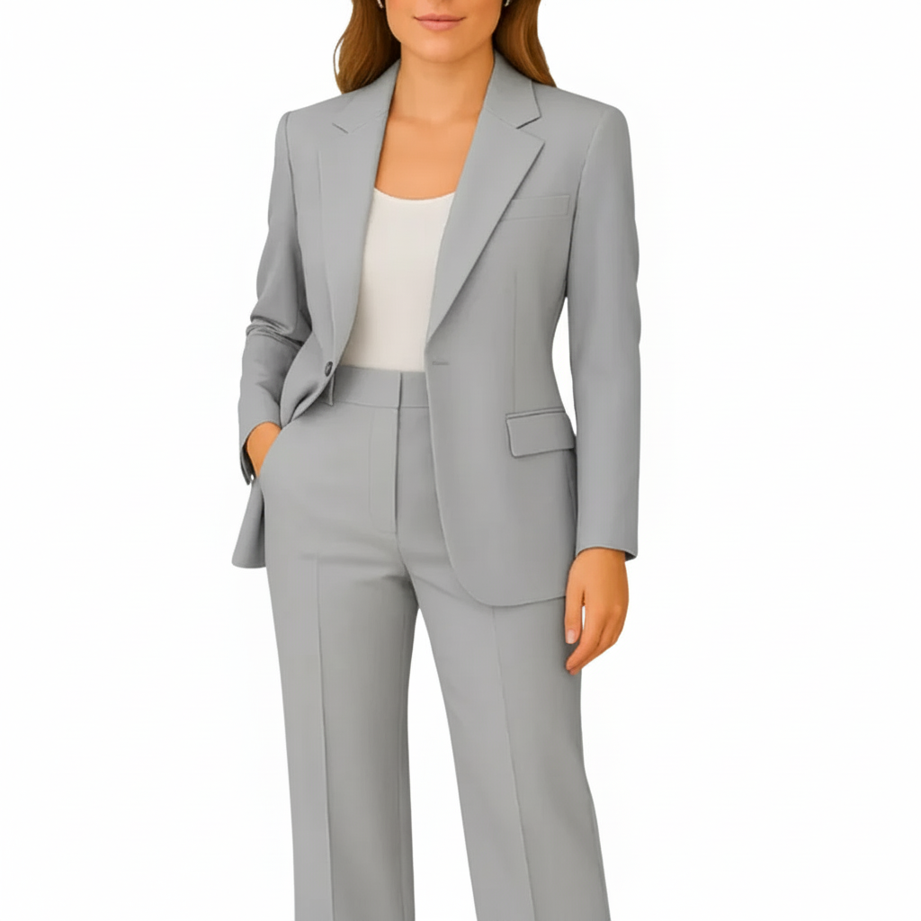 Victoria Lumina Wear tailored suit set featuring a streamlined blazer and matching trousers, perfect for professional or formal occasions.