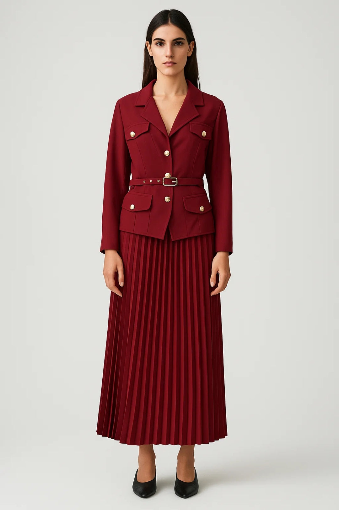 Elegant white women's suit by Lumina Wear featuring a double-breasted blazer and pleated skirt, perfect for sophisticated style.