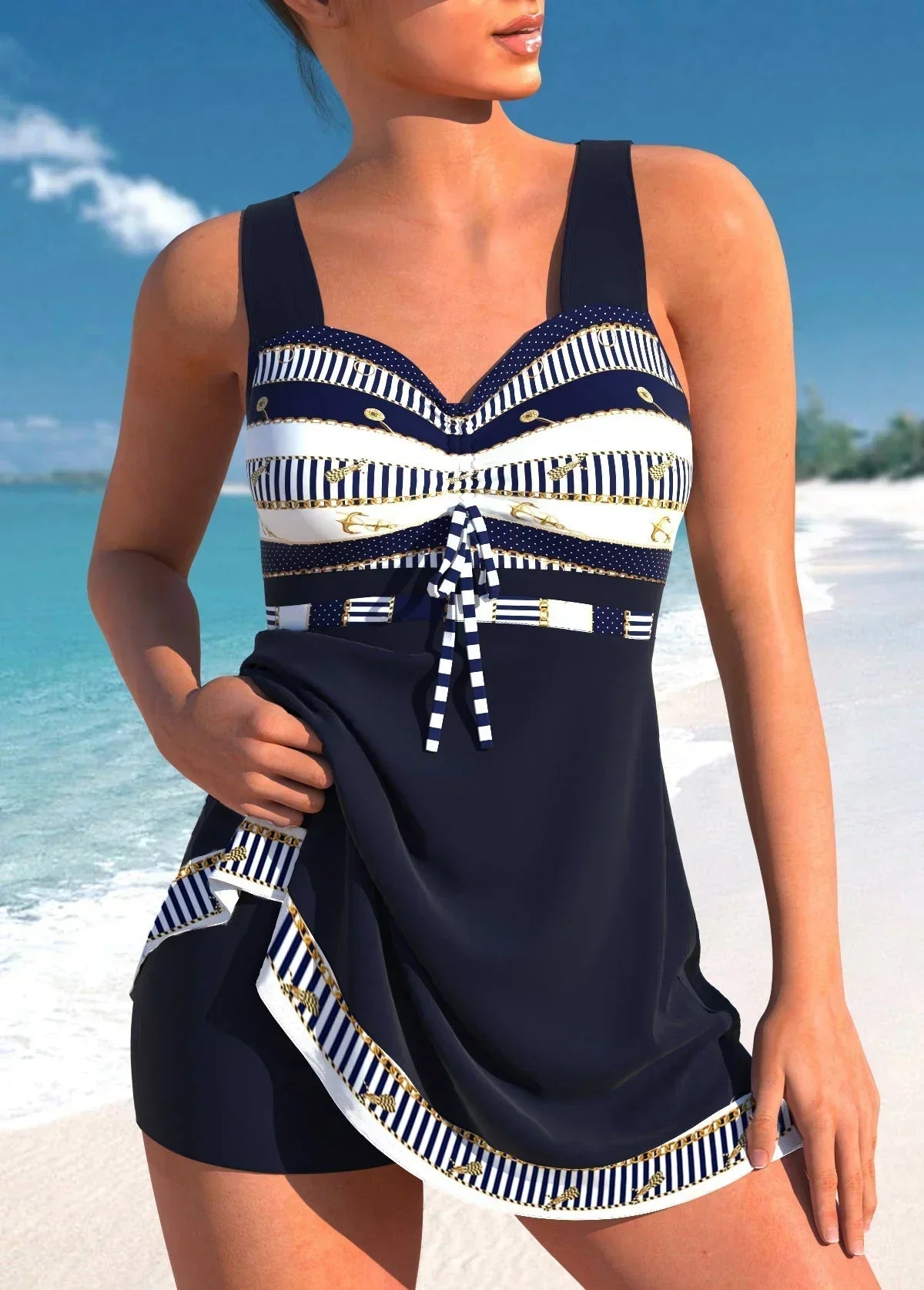 Victoria Lumina maxi swim dress featuring a flattering fit and decorative neckline, perfect for stylish beach or poolside wear.