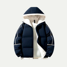 Lumina Wear Victoria insulated hooded puffer parka with relaxed fit, black exterior, and cozy hood for winter warmth.