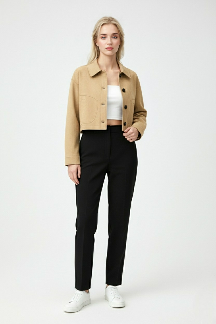 Retro-inspired short jacket by Lumina Wear featuring button closure, stylish design, and a fitted silhouette.