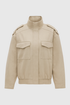 Beige Lumina Wear Victoria bomber jacket with stand collar, stylish and lightweight, perfect for casual and trendy outfits.