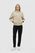 Stylish beige bomber jacket with stand collar by Lumina Wear, featuring a modern fit and sleek design.