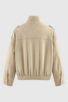 Beige Lumina Wear Victoria bomber jacket with stand collar, stylish casual outerwear for women, front zipper and ribbed cuffs.