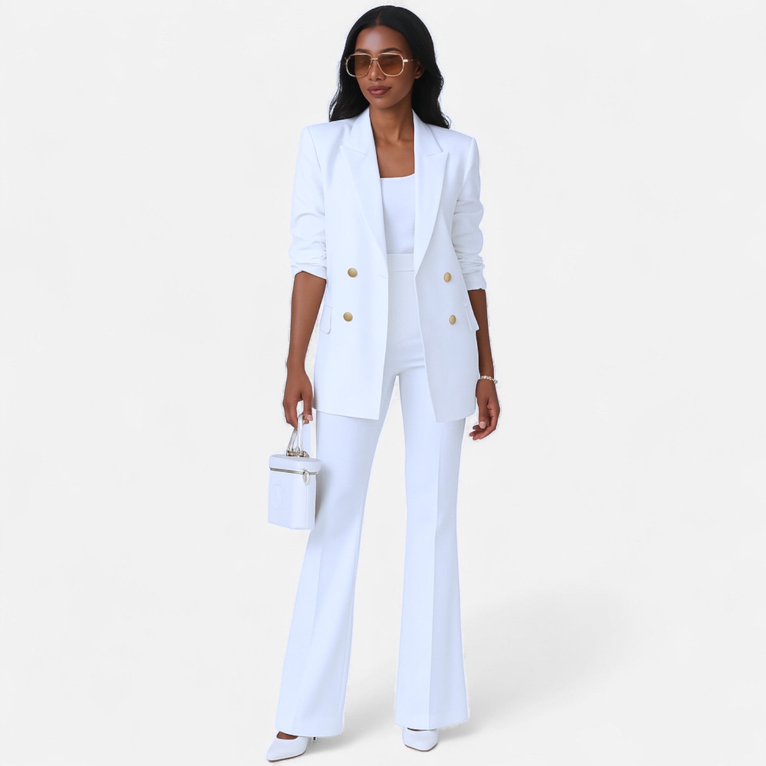 Victoria Lumina women's tailored double-breasted blazer and pants set with an elegant, sophisticated design.