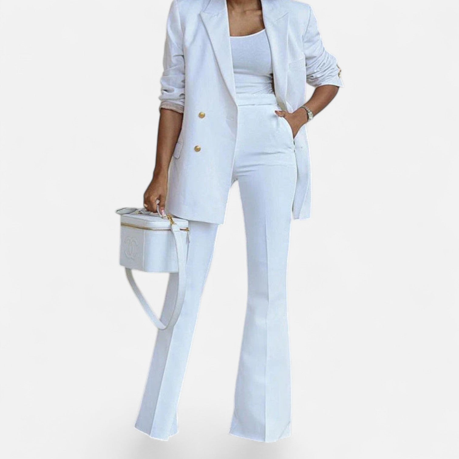 Lumina Wear Victoria women's tailored double-breasted blazer and pants set with an elegant, sophisticated design.