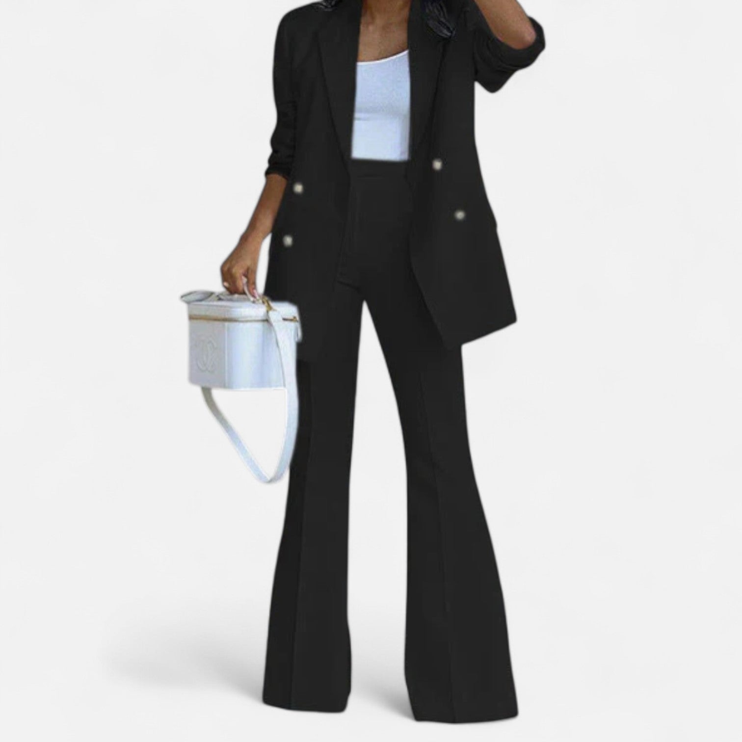 Lumina Wear Victoria women's tailored double-breasted blazer and pants suit with elegant design, stylish office or formal wear.