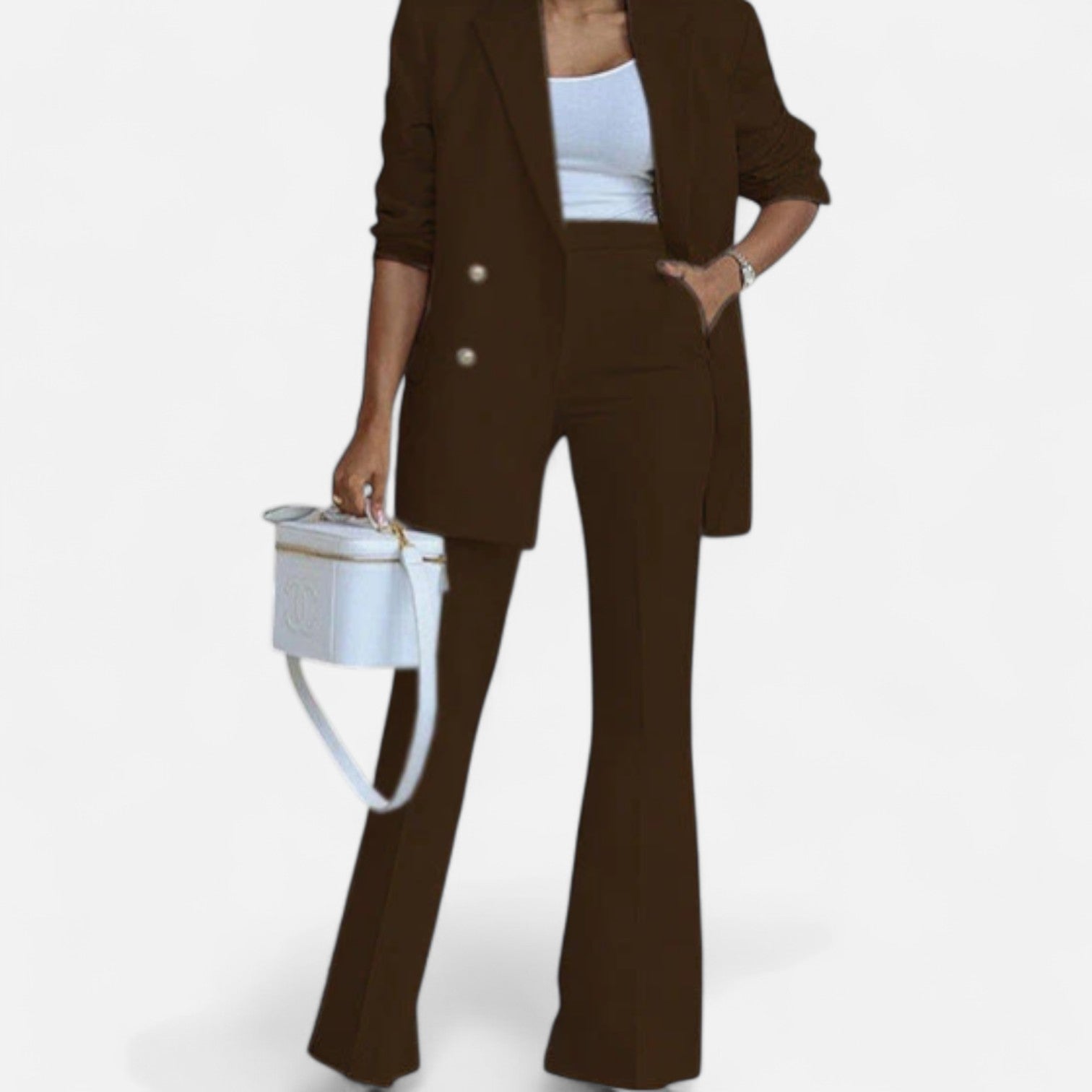 Lumina Wear women's Victoria tailored double-breasted blazer and matching pants set, elegant and sophisticated clothing ensemble.