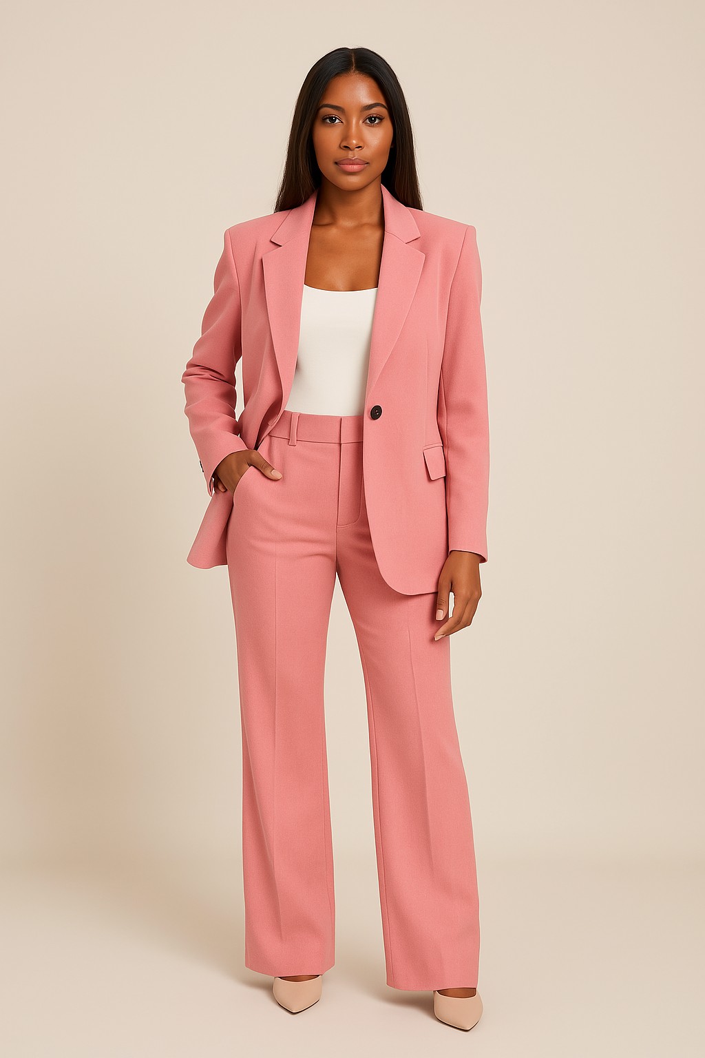 Victoria Lumina tailored fit pants suit set featuring modern elegance, with a sleek blazer and matching trousers for sophisticated style.