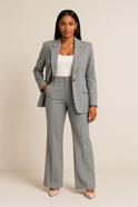 Victoria Lumina Wear tailored fit pants suit set featuring sleek modern design, styled with a fitted blazer and matching trousers.