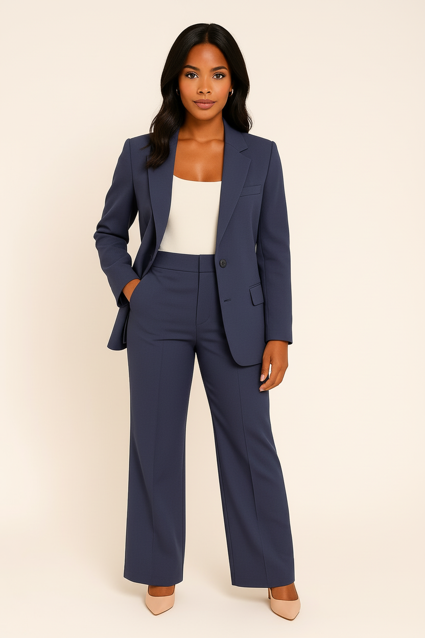 Victoria tailored fit pants suit set by Lumina Wear, featuring modern elegance and sleek design, shown on a model.