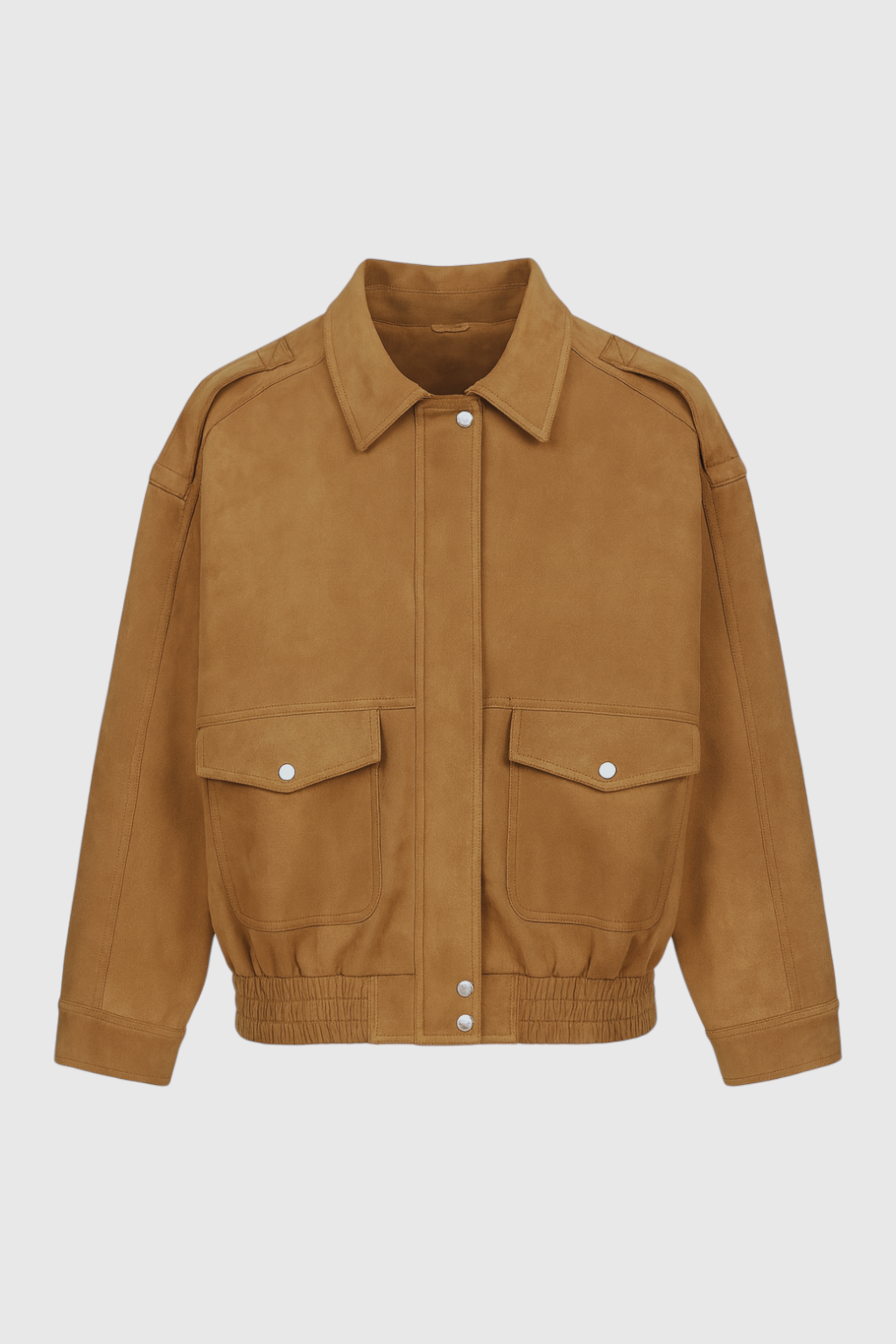 Trendy brown suede bomber jacket by Lumina Wear, featuring a stylish design and timeless appeal, displayed on a hanger.