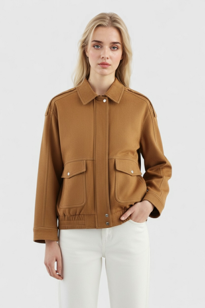 Victoria Lumina brown suede bomber jacket with trendy style and timeless appeal, shown on a model.