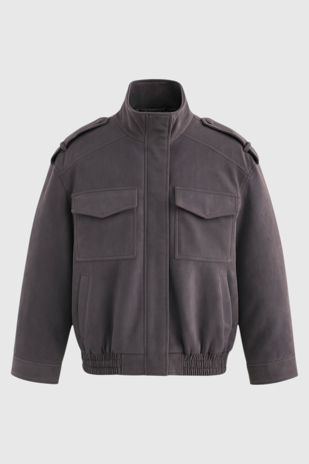 Victoria Lumina dark gray bomber jacket with stand collar, stylish and trendy outerwear for a modern look.