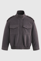 Victoria Lumina dark gray bomber jacket with stand collar, stylish and trendy outerwear for a modern look.