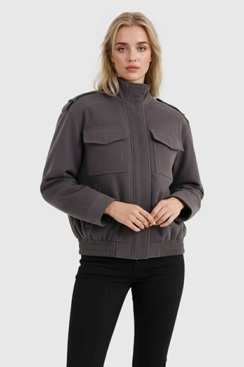 Victoria Lumina dark gray bomber jacket with stand collar, stylish and trendy outerwear for a modern, casual look.