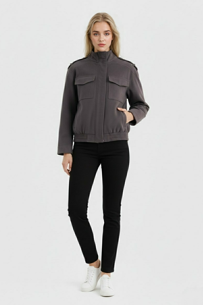 Dark gray bomber jacket with stand collar from Lumina Wear, featuring a stylish fit and modern design.