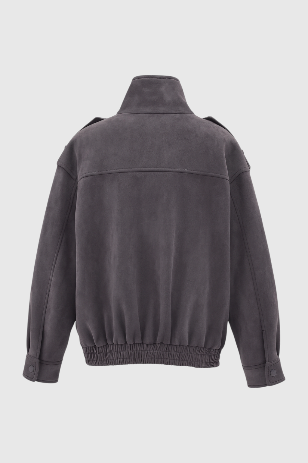 Dark gray Victoria bomber jacket by Lumina Wear featuring a stand collar and trendy design, shown on a model.