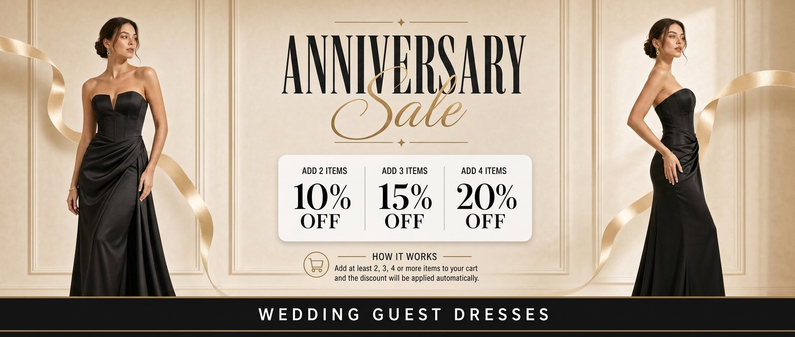 Promotional banner for an anniversary sale on wedding guest dresses with a model in a black dress.
