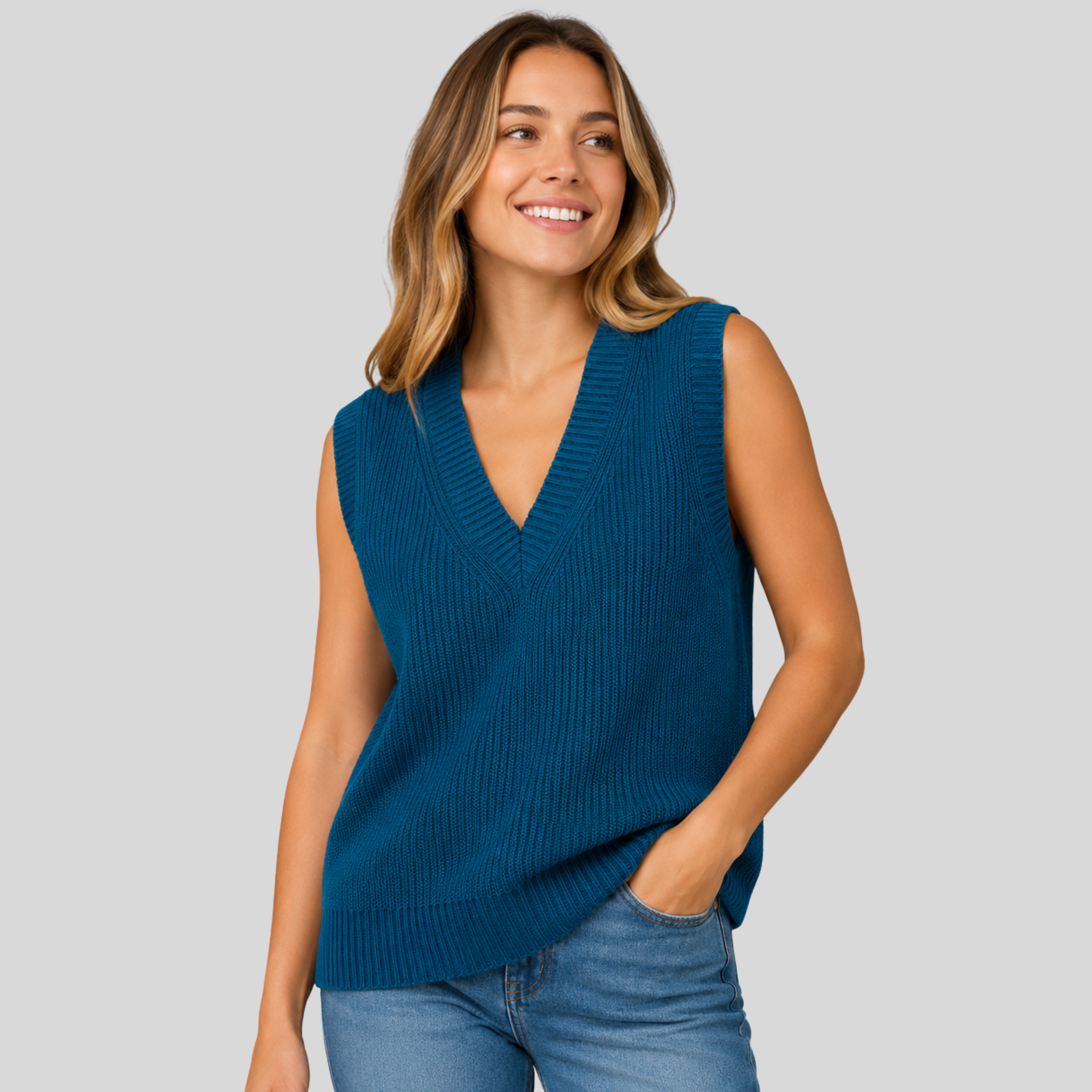 Lightweight ribbed V-neck knit vest in relaxed fit from Lumina Wear, styled on a model, showcasing its soft texture and modern design.