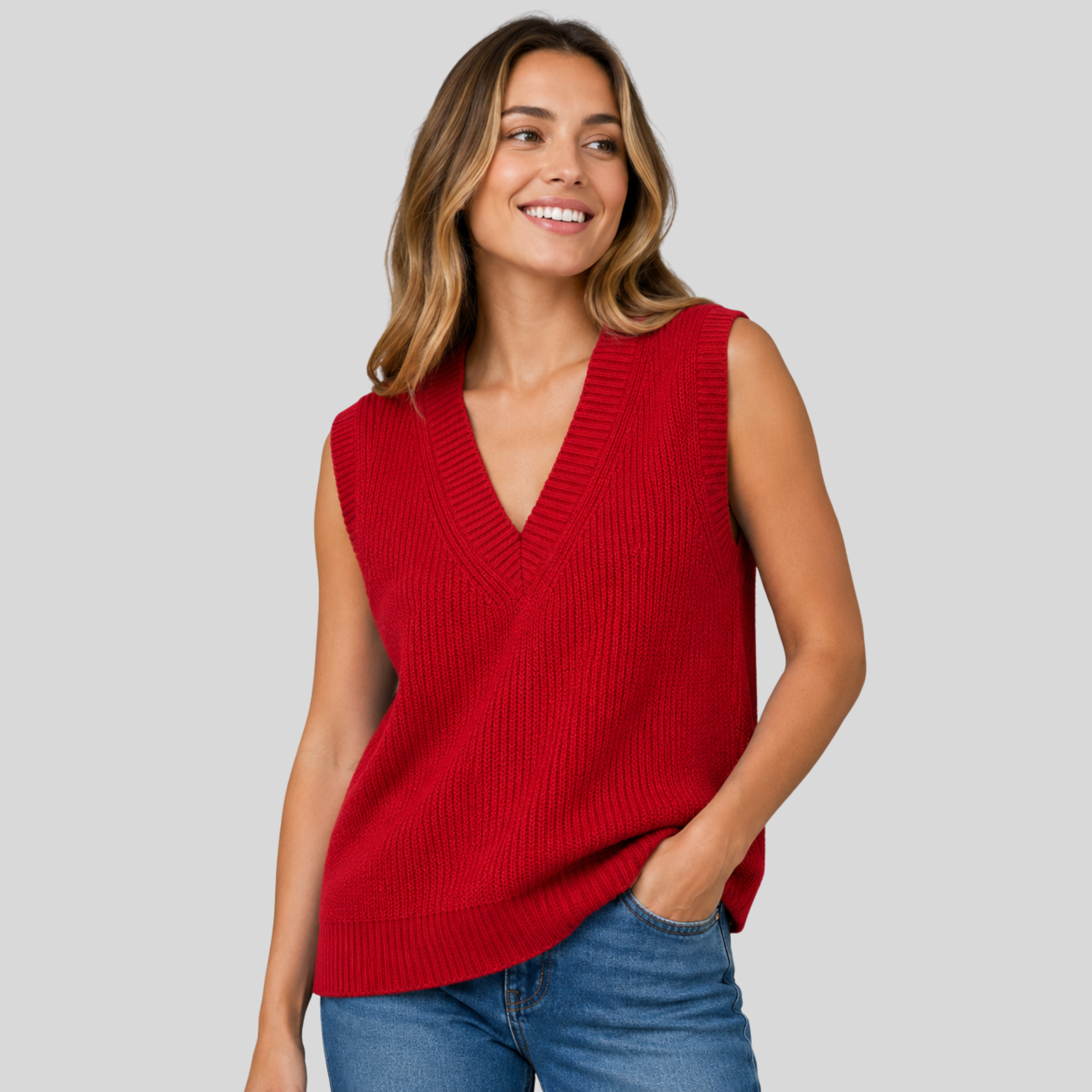Lightweight ribbed V-neck knit vest in beige with relaxed fit from Lumina Wear, styled casually on a model.
