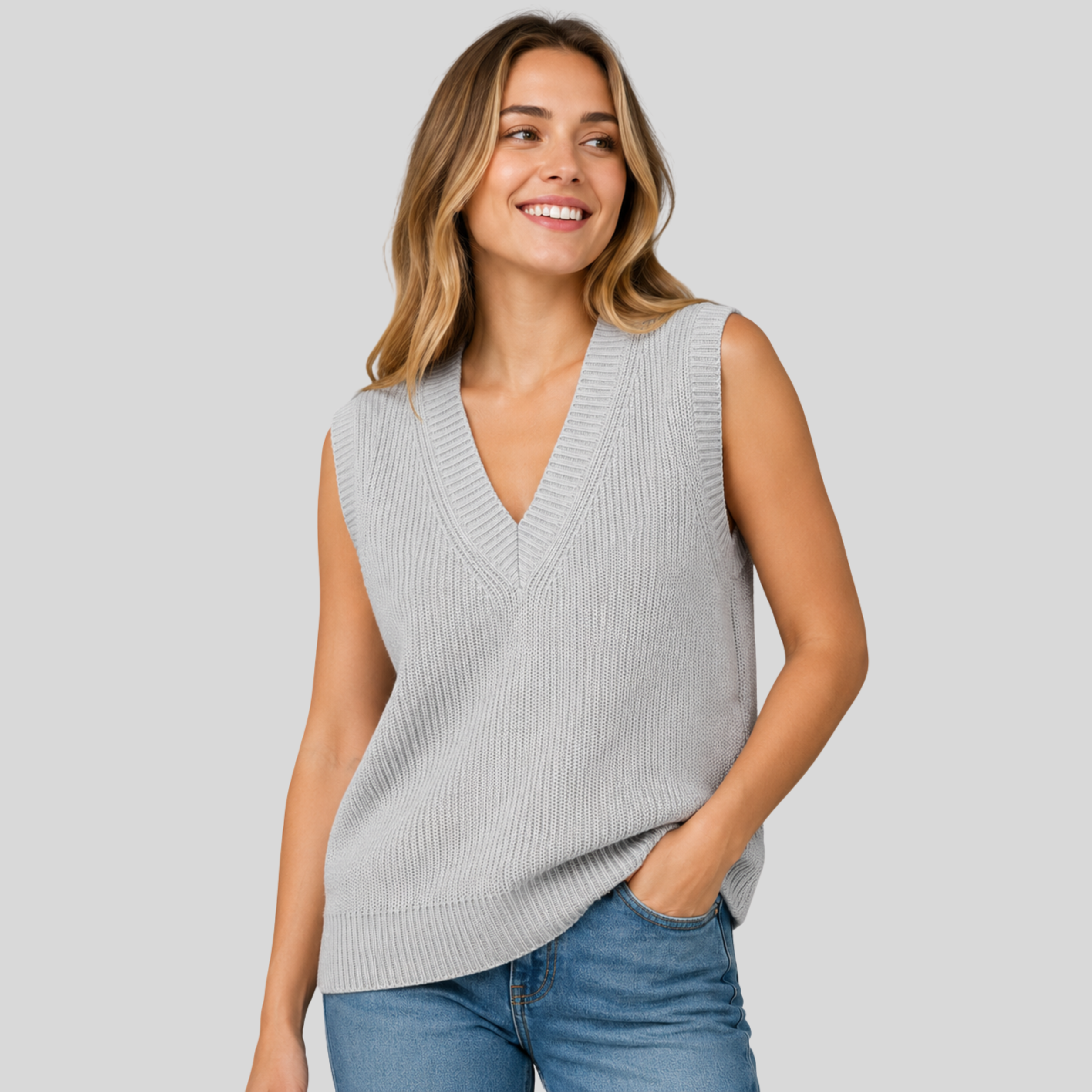 Lightweight ribbed V-neck knit vest in relaxed fit by Lumina Wear, shown in a neutral color with soft texture.