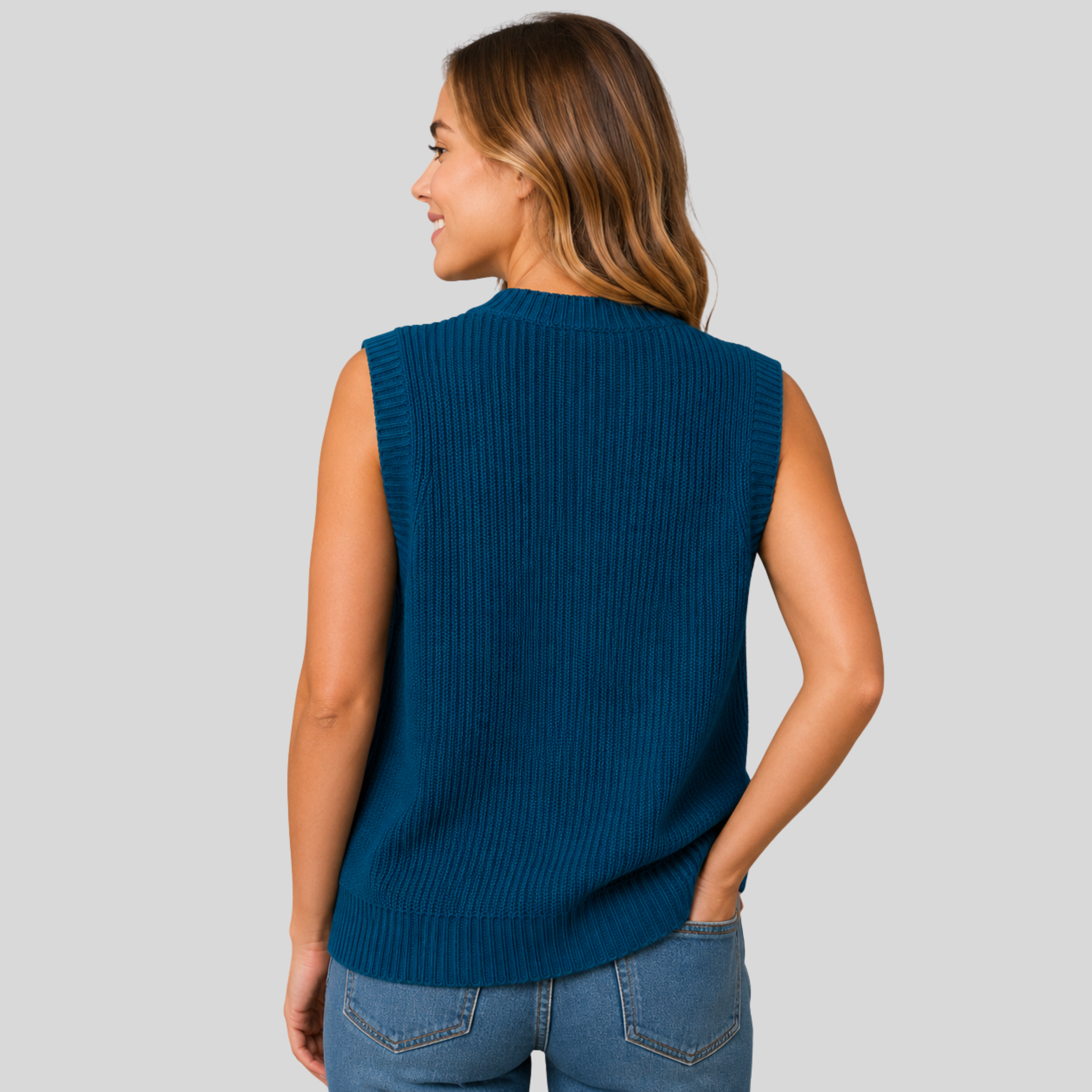 Lightweight ribbed V-neck knit vest from Lumina Wear's Zaneta collection, featuring a relaxed fit and textured fabric.