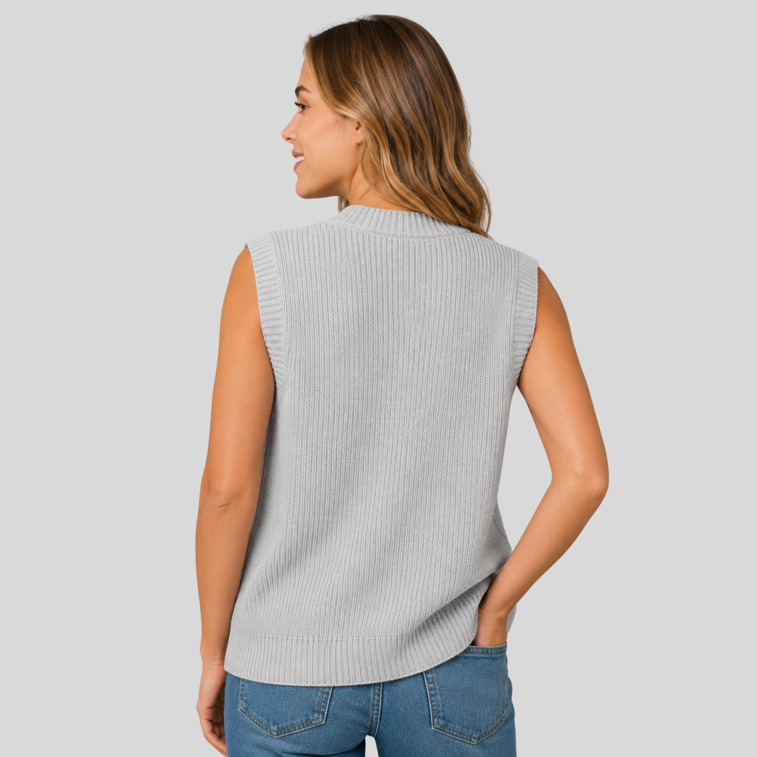 Lightweight V-neck sweater vest with ribbed trims from Lumina Wear, shown in natural fabric with a fitted style.