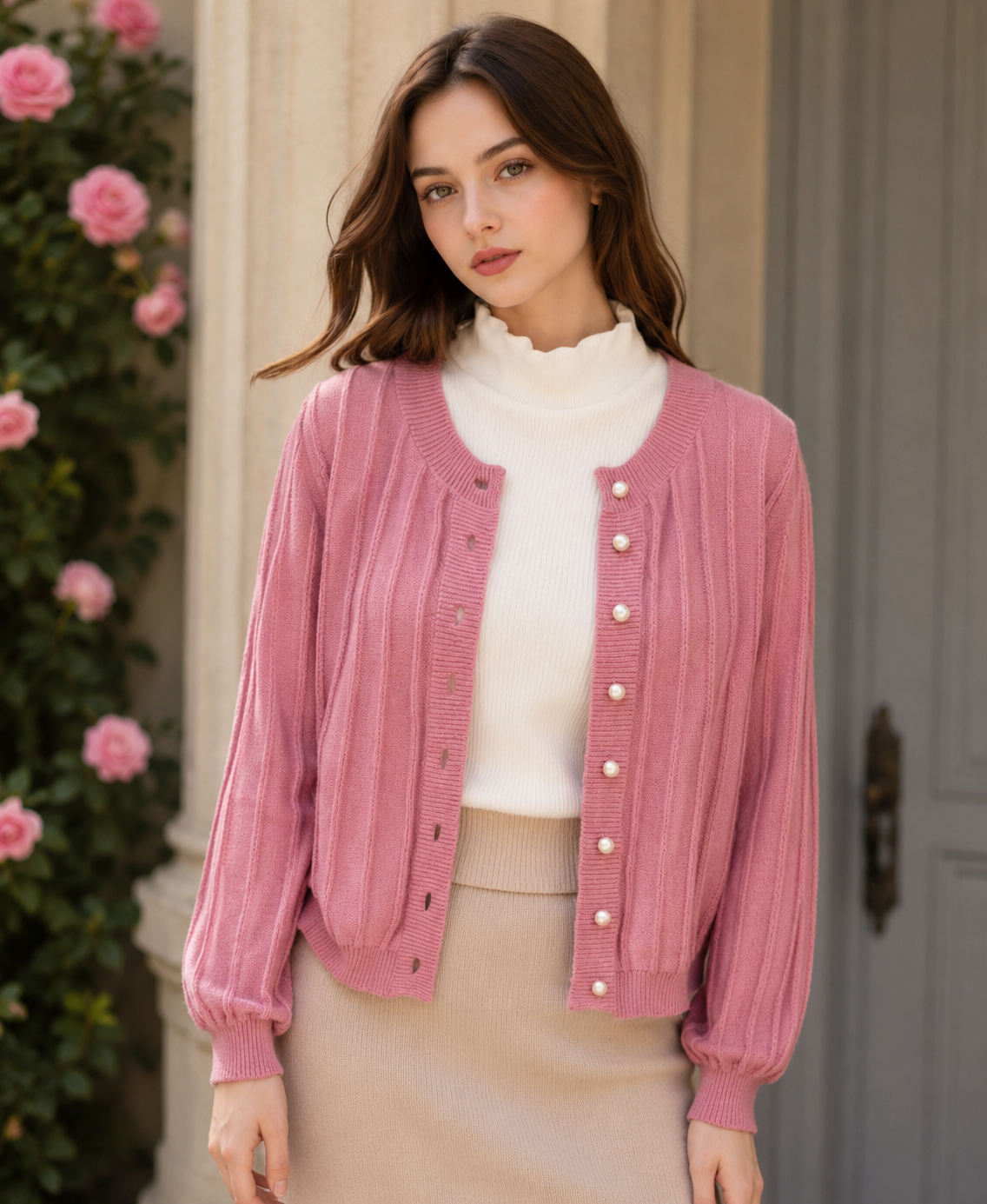 Lumina Wear Sophia pink knit cardigan with open front, cozy sweater featuring soft, textured fabric and long sleeves.